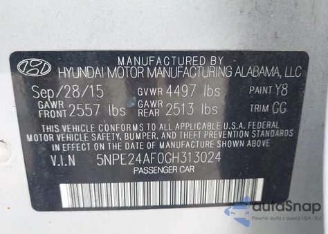 2016 Hyundai Sonata Se from USA, damaged, VIN 5NPE24AF0GH313024